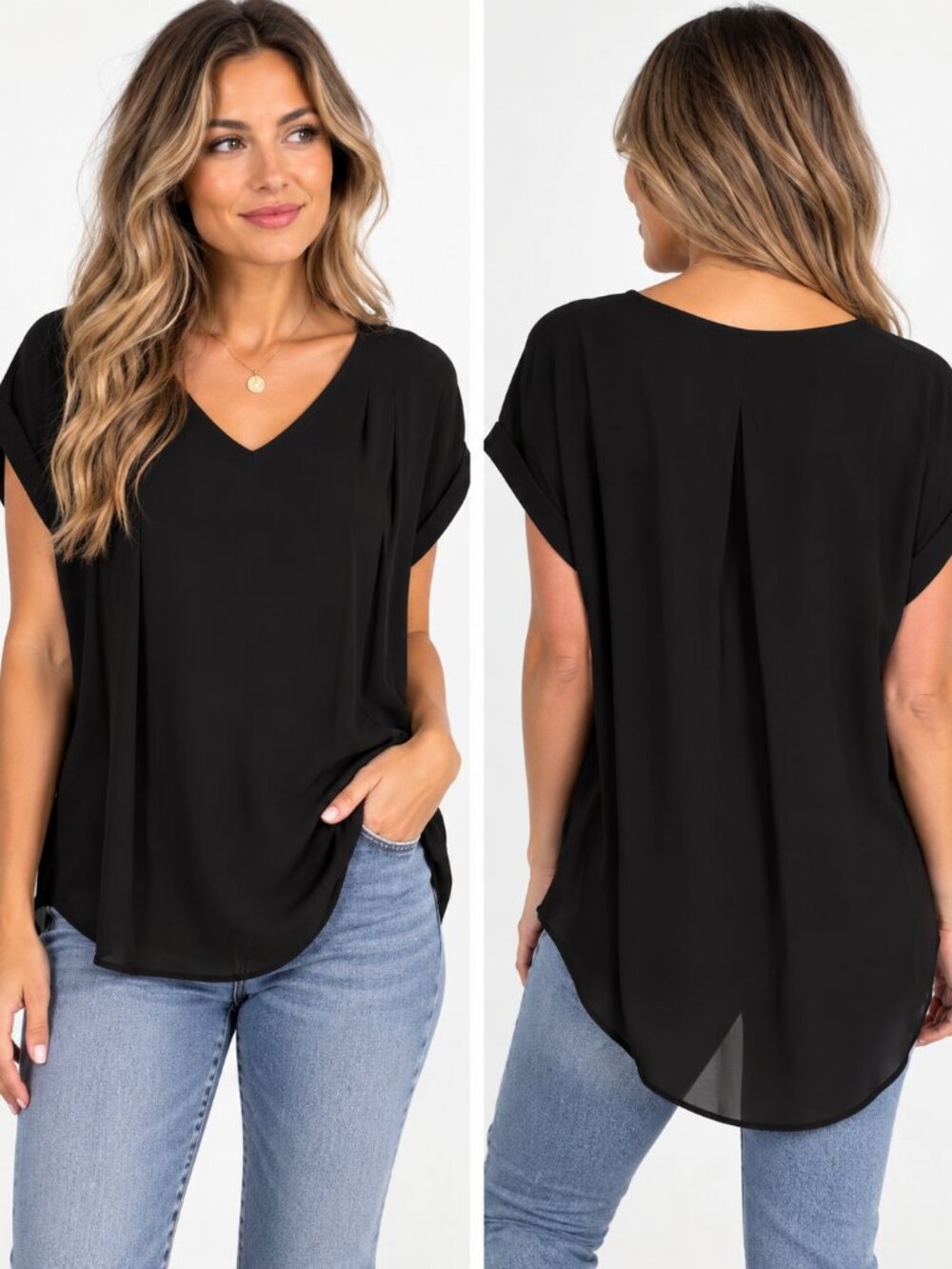 Simply Vera Vera Wang Black V-Neck High Low Blouse Women's Medium Like new